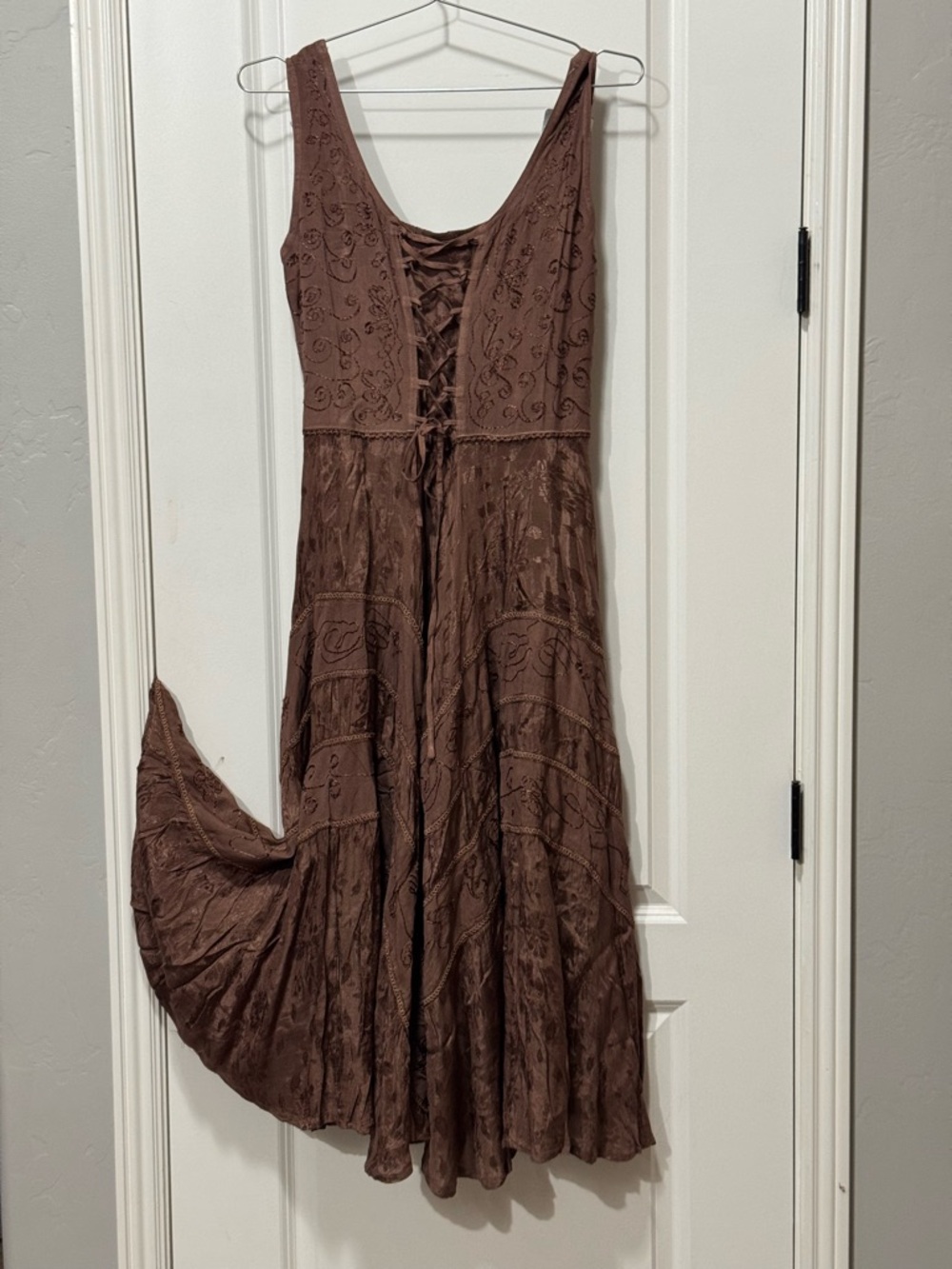Bohemian Lace-Up Brown Maxi Dress Pit 20” L 57”  NWT